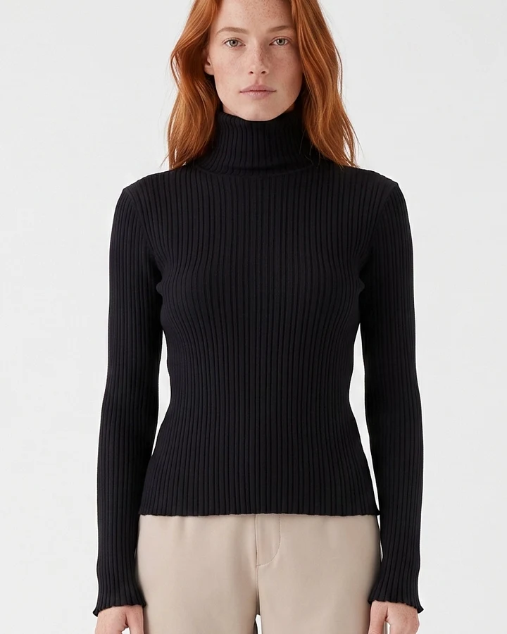 ORGANICATION Damen vegan Top Mit Rollkragen Gerippter Strick Schwarz