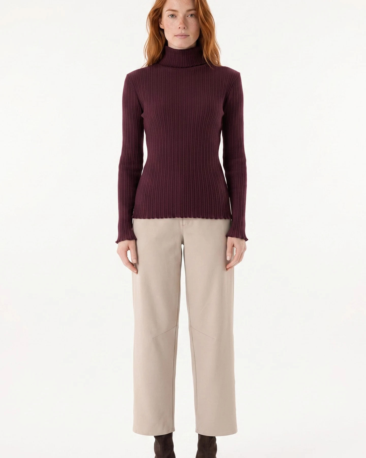 ORGANICATION Damen vegan Top Mit Rollkragen Aus Geripptem Strick Farbe „dark Wine“ – Ansicht 2