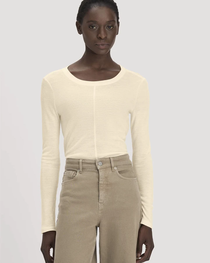Produktseite: hessnatur Damen Longsleeve Slim aus Bio-Schurwolle und TENCEL™ Lyocell - gelb - Größe 34