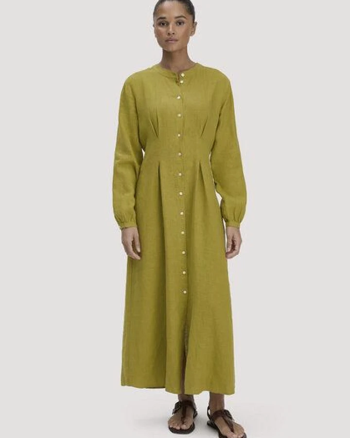 hessnatur Gewebe Hemdblusenkleid mit Taillierung Maxi aus Bio-Baumwolle mit Leinen