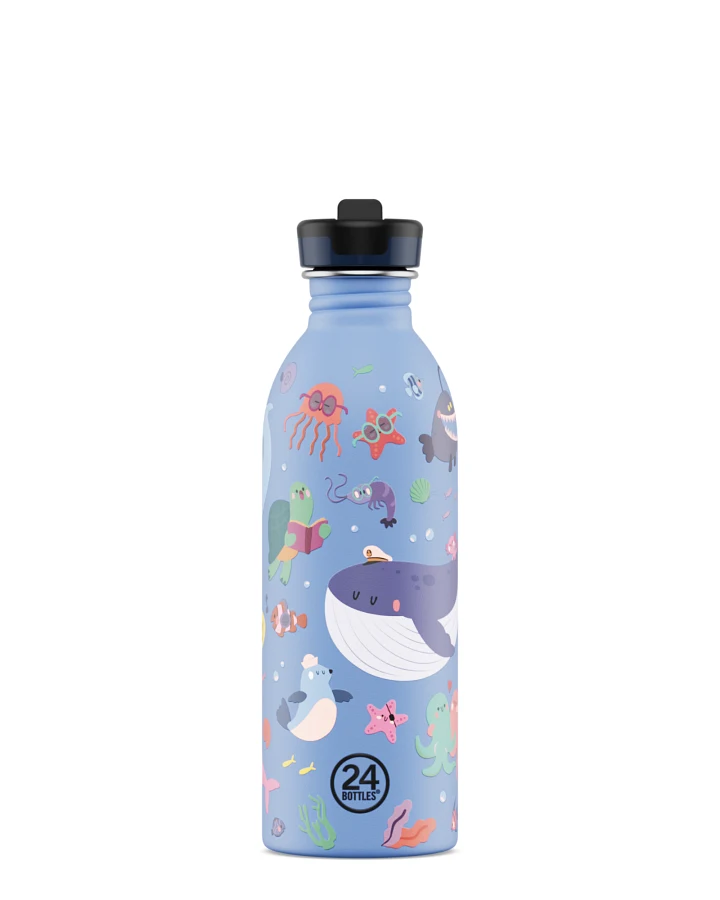 Kinderwasserflasche Edelstahl mit Strohhalm, BPA-frei 500 ml, blau, personalisierbar, Kids Bottle Ocean Friends - 24Bottles