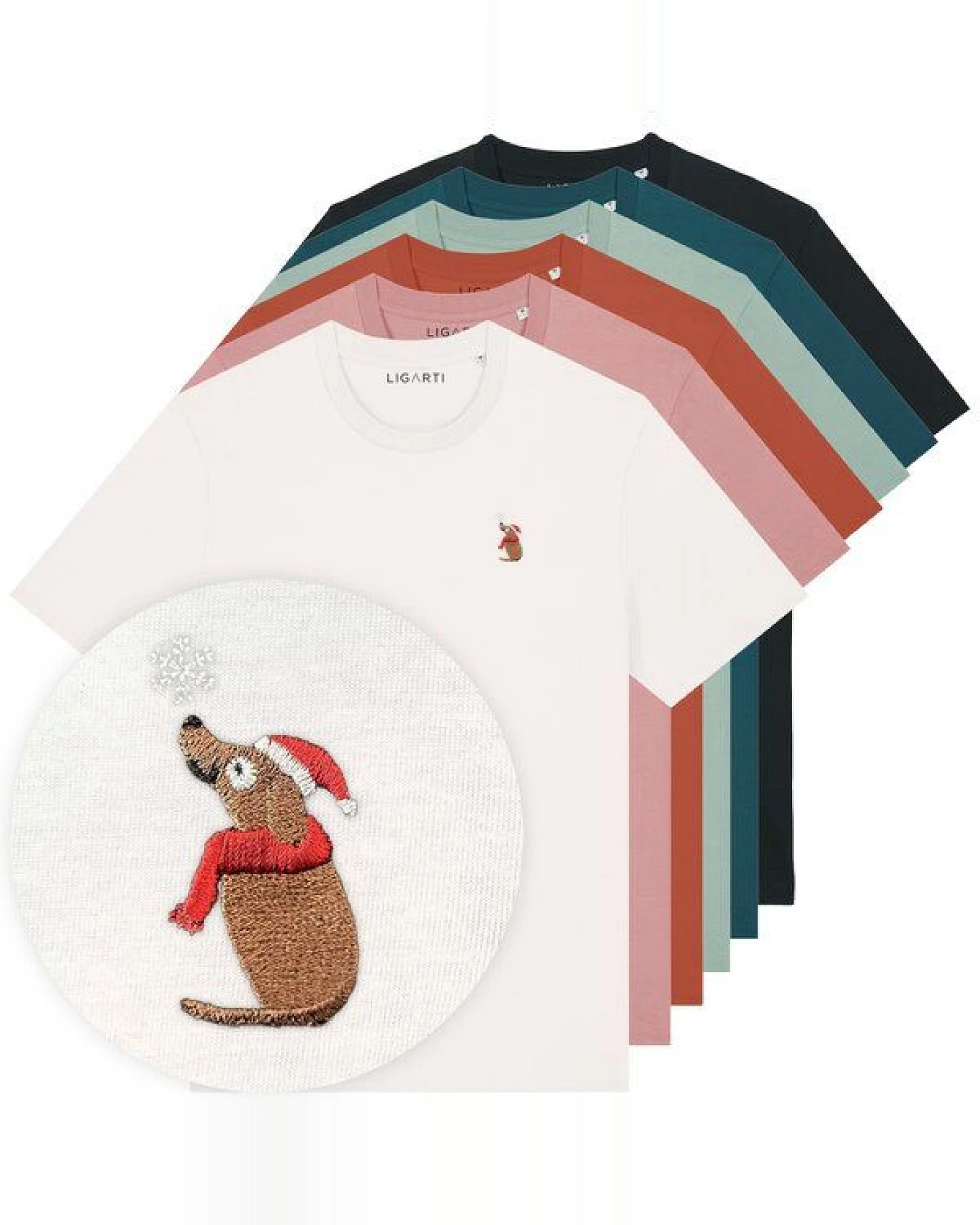 Besticktes T-Shirt – Thomas der Weihnachtshund – LIGARTI Tiermanufaktur – Ansicht 2