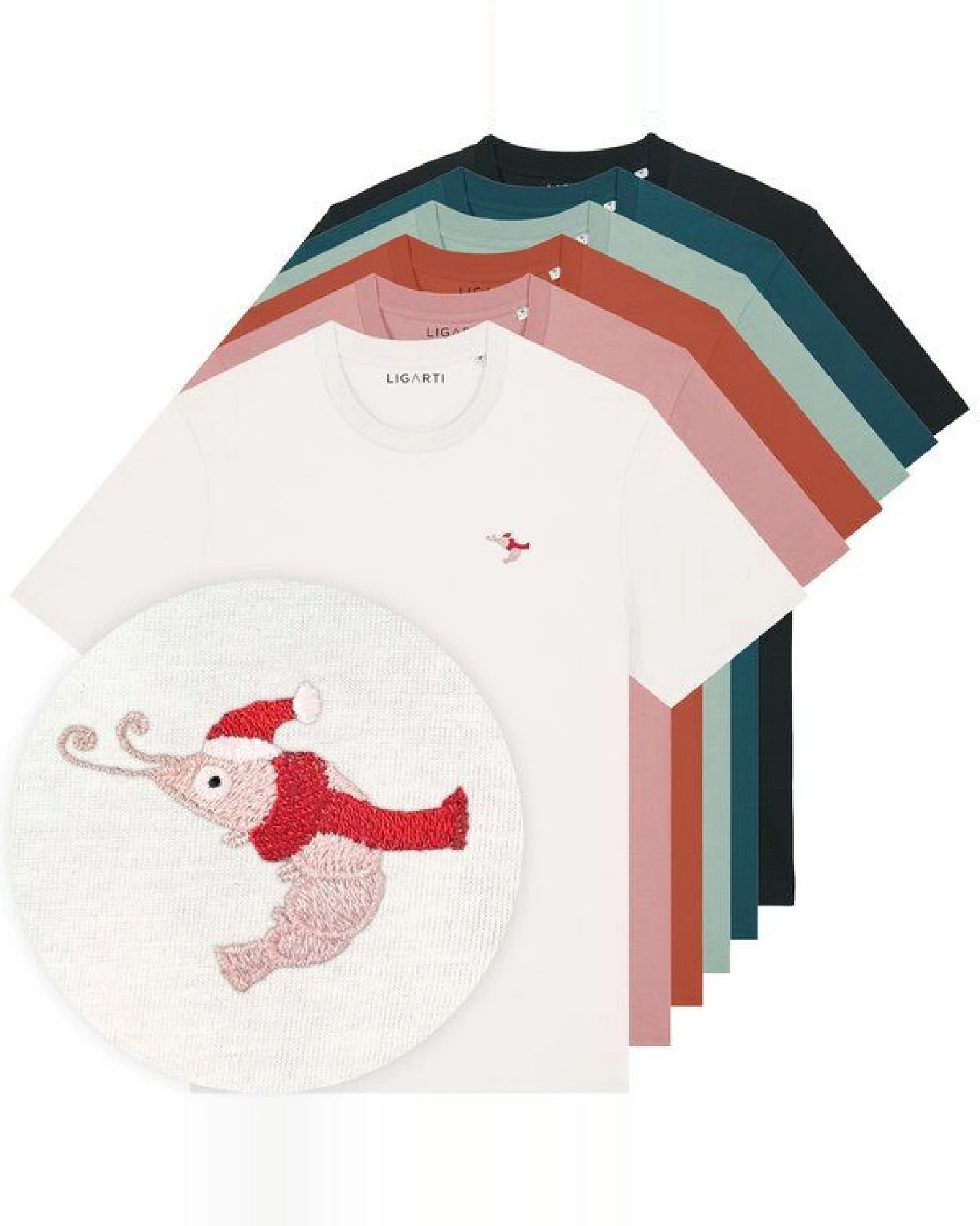 Besticktes T-Shirt – Jean-Luc die Weihnachtsgarnele – LIGARTI Tiermanufaktur – Ansicht 2