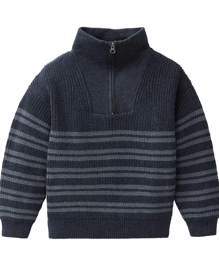 People Wear Organic - Strick-Pullover "Troyer" dunkelblau geringelt