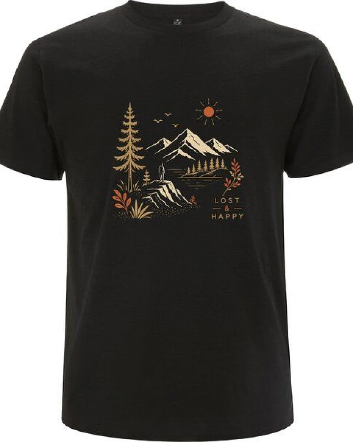 Spreecult Lost&Happy - Bio und Fair - Männer Unisex T-Shirt - Natur Berge Sonne