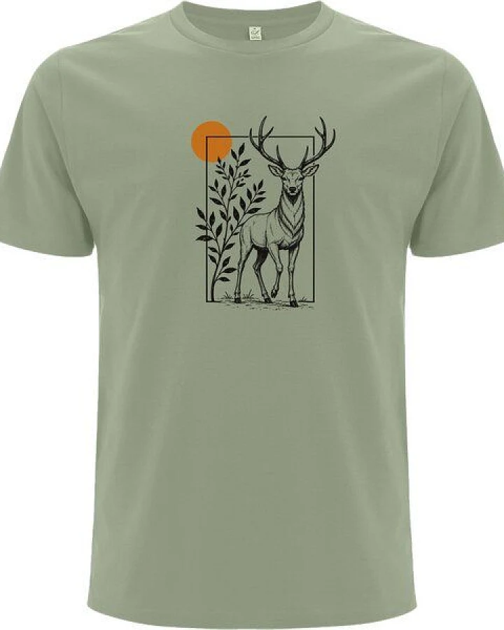 Spreecult Gerahmter Hirsch - Bio und Fair - Männer Unisex T-Shirt - Natur Berge Sonne