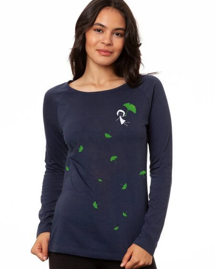 FellHerz Damen Raglan Longsleeve Gingko Girl dunkelblau aus 100% Biobaumwolle
