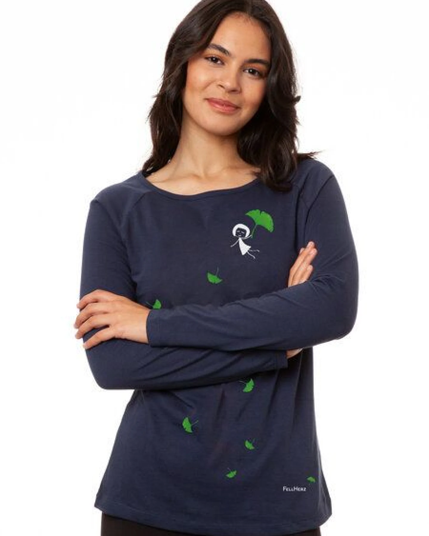FellHerz Damen Raglan Longsleeve Gingko Girl dunkelblau aus 100% Biobaumwolle – Ansicht 3