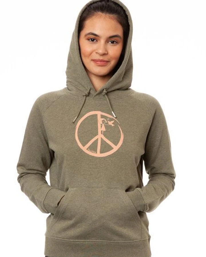 FellHerz Damen Hoodie Peace heather khaki aus 85% Biobaumwolle und 15% recyceltem Polyester