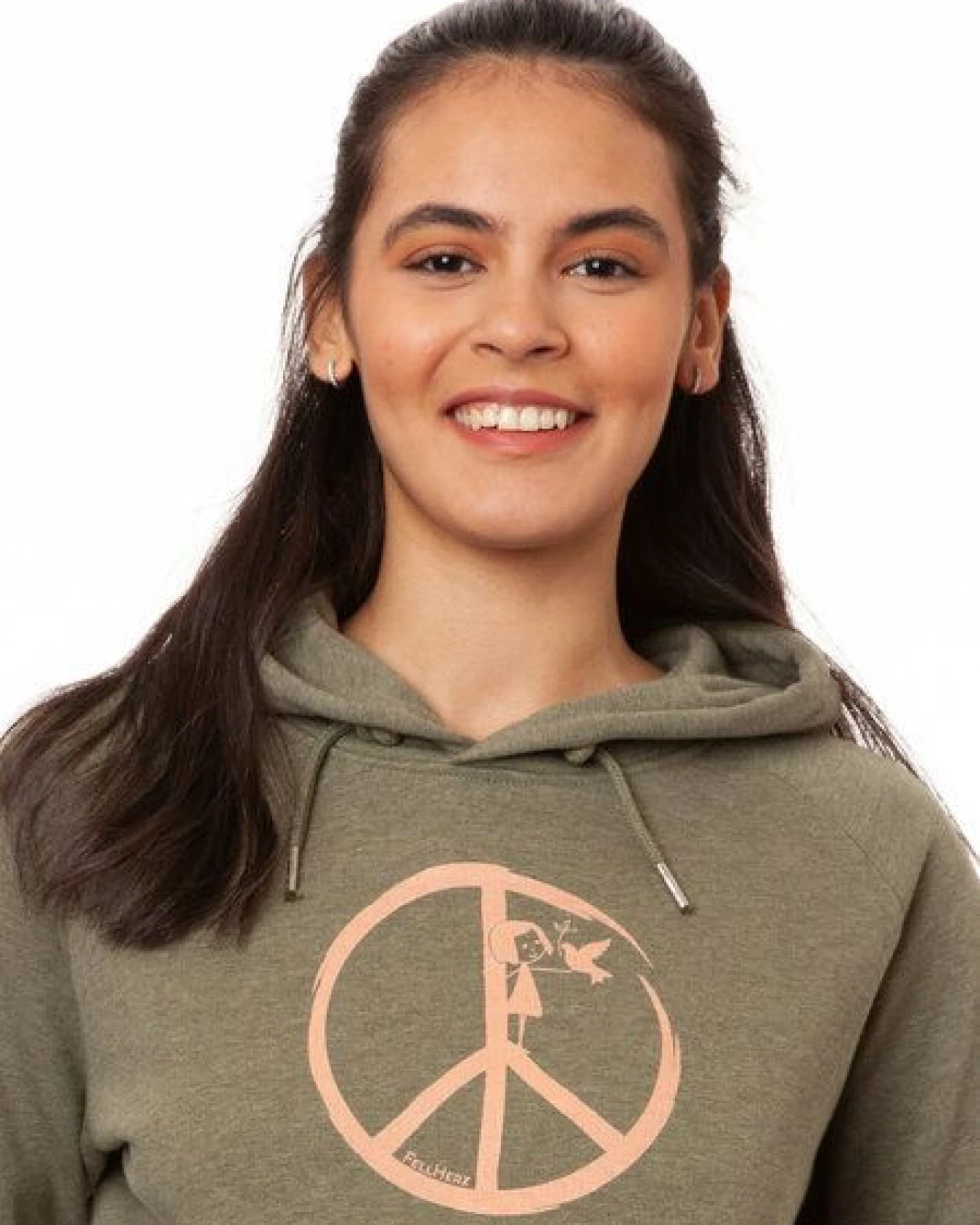 FellHerz Damen Hoodie Peace heather khaki aus 85% Biobaumwolle und 15% recyceltem Polyester – Ansicht 2