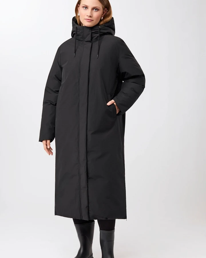 LangerChen Damen vegan Langer Mantel Mit Kapuze Schwarz