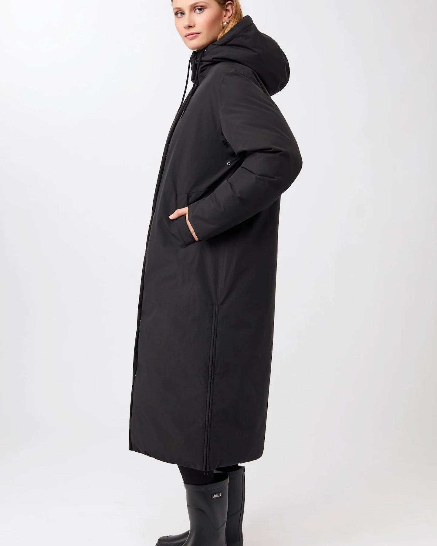 LangerChen Damen vegan Langer Mantel Mit Kapuze Schwarz – Ansicht 2