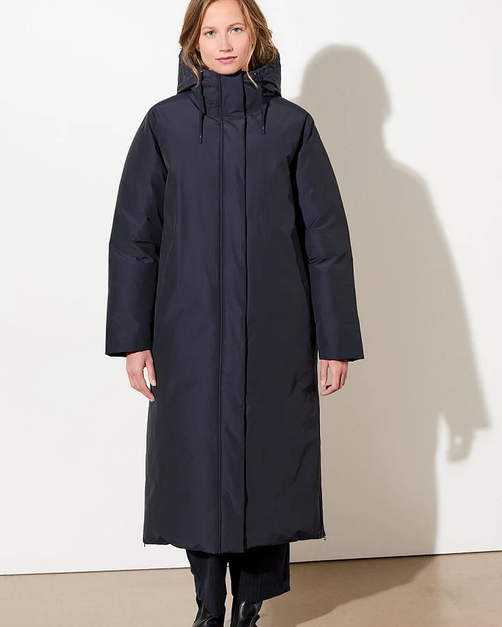 LangerChen Damen vegan Langer Mantel Mit Kapuze Marineblau