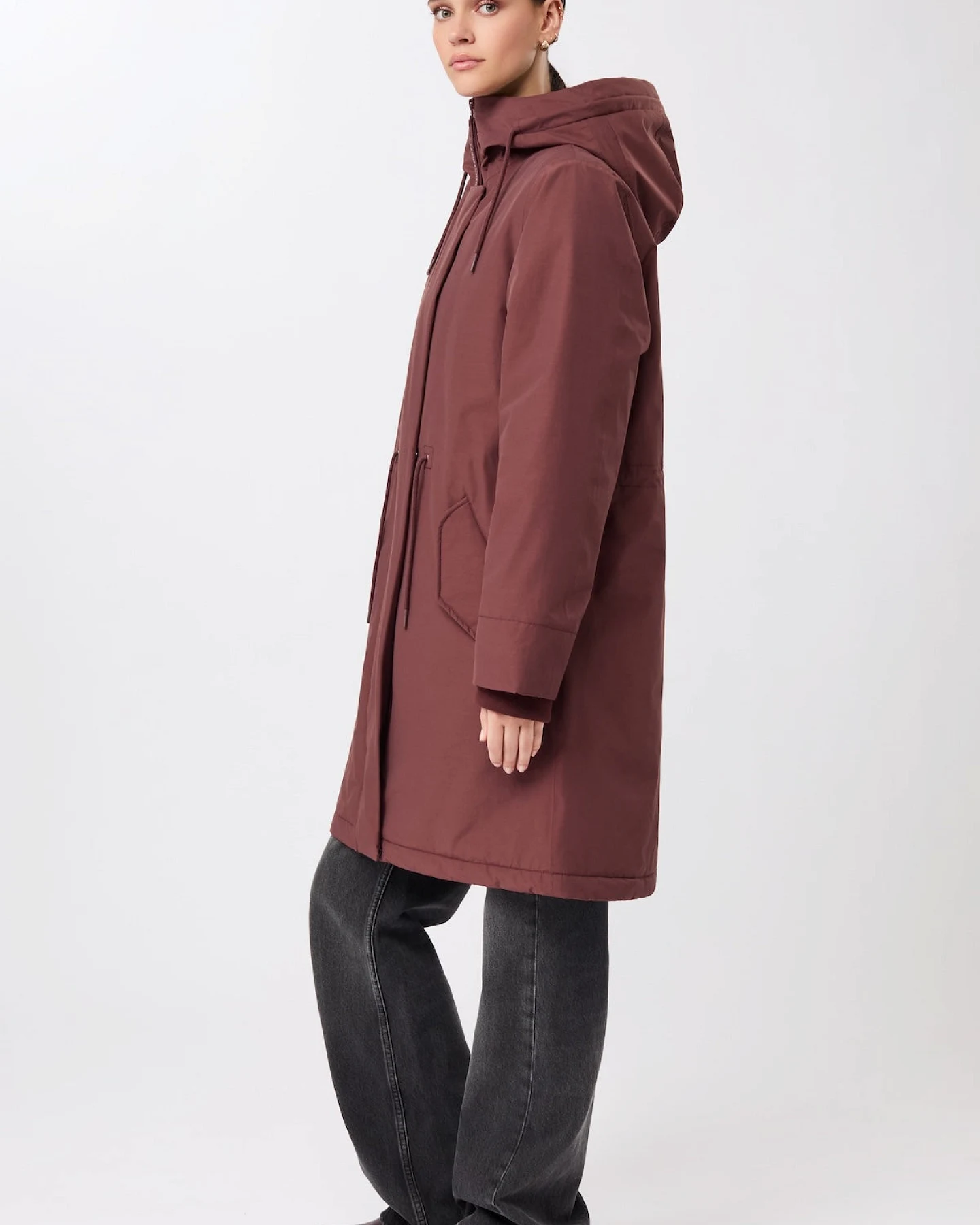 LangerChen Damen vegan Parka Lockere Passform Wattiert Burgunderrot – Ansicht 2