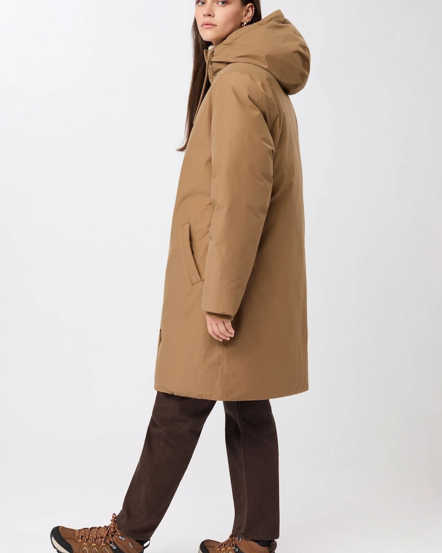 LangerChen Damen vegan Jacke Lang Mit Kapuze Farbe Eiche – Ansicht 2