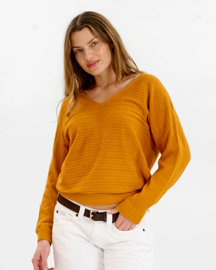 KOMODO Damen vegan Pullover Pia Pointelle Senf