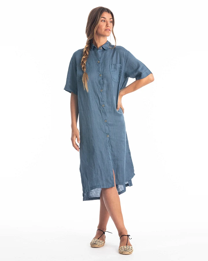 RAVENS VIEW IBIZA Damen vegan Kleid Shirt Iria Jeans Blau