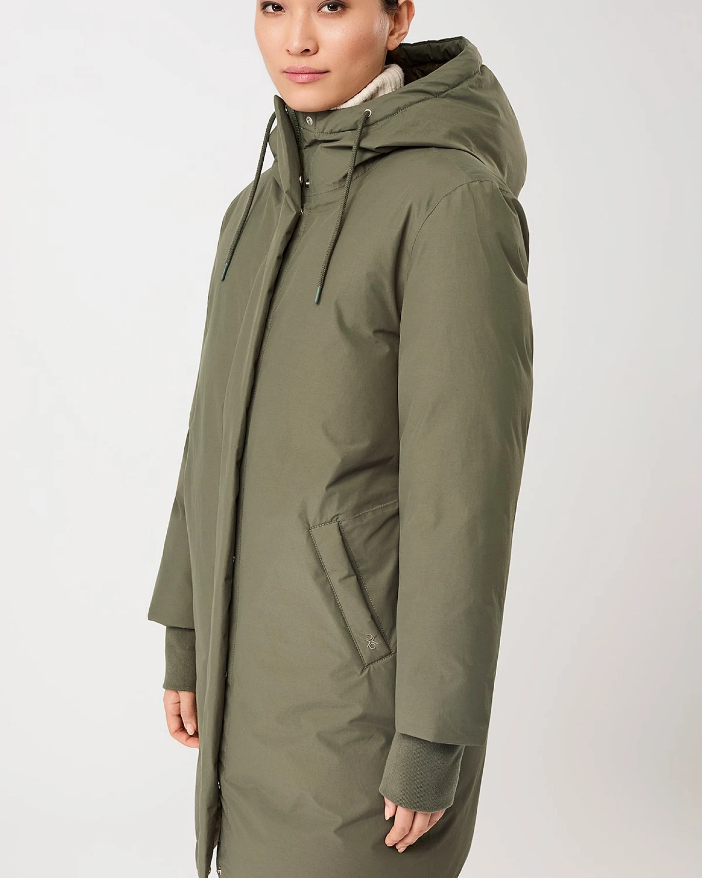 LangerChen Damen vegan Lange Jacke Mit Kapuze Sencha Grün – Ansicht 2