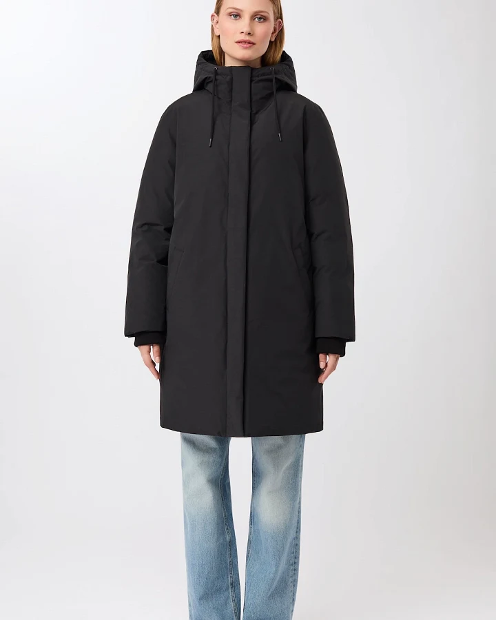 LangerChen Damen vegan Lange Kapuzenjacke Schwarz