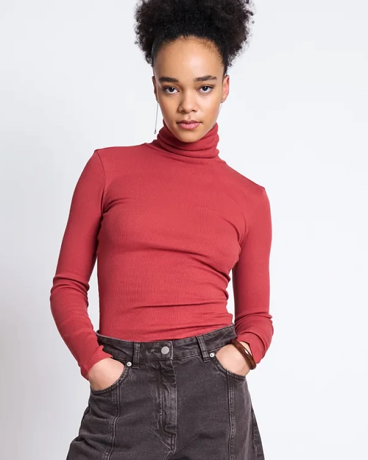 JAN N JUNE Damen vegan Rollkragentop Minirib Chuva Mittelrot