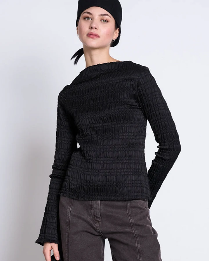 JAN N JUNE Damen vegan Longsleeve Smocked Senna Schwarz