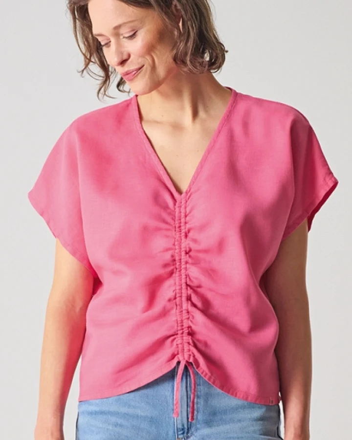 Hempage Damen vegan Bluse Sommerbluse Mit Raffung Hibiskus Pink