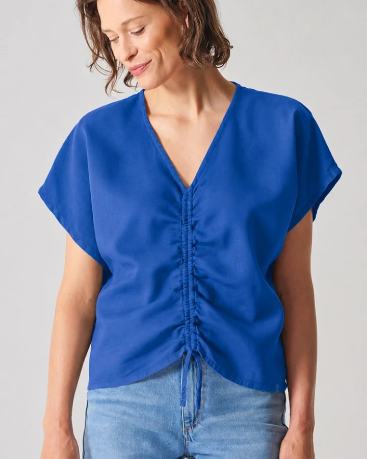 Hempage Damen vegan Sommerbluse Mit Raffungen Königsblau