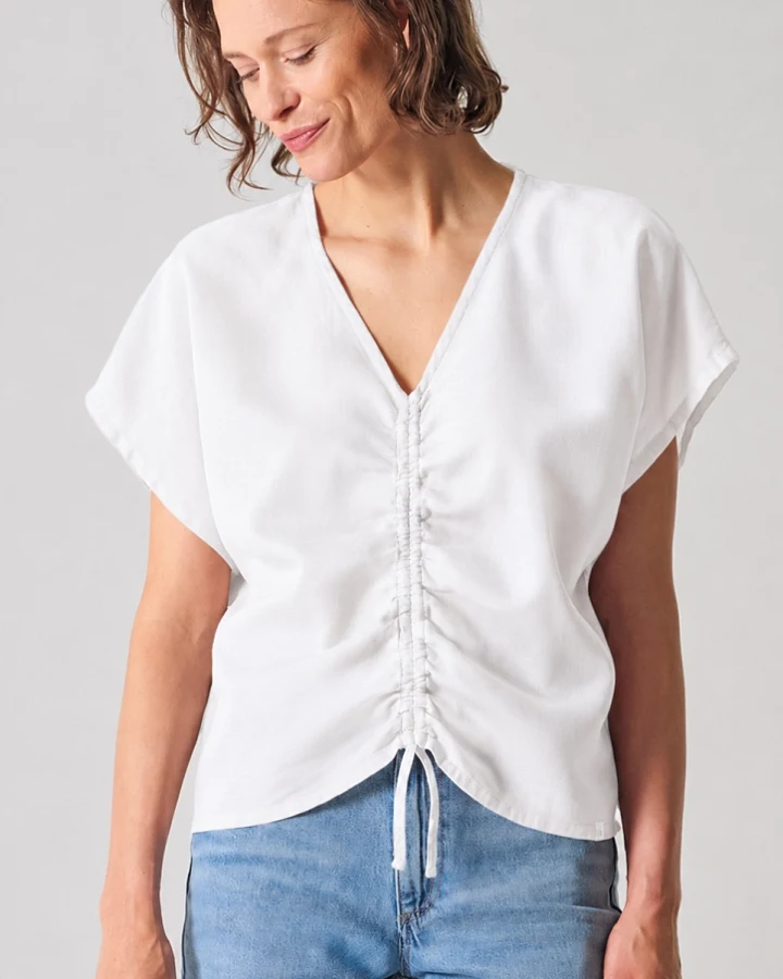 Hempage Damen vegan Weiße Sommerbluse Mit Raffungen