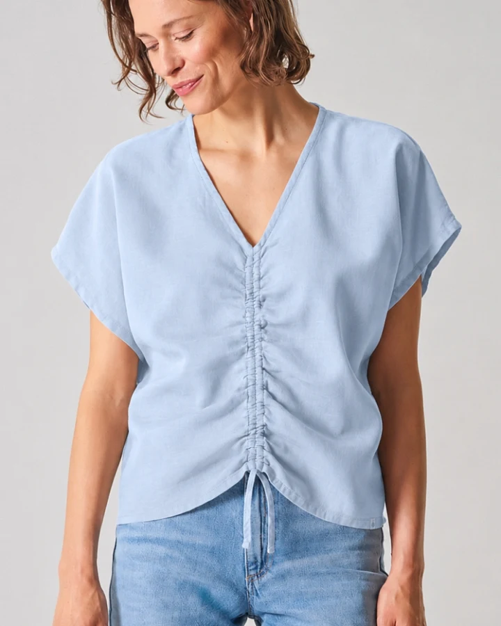 Hempage Damen vegan Bluse Mit Raffungen Summer Smoke Blau
