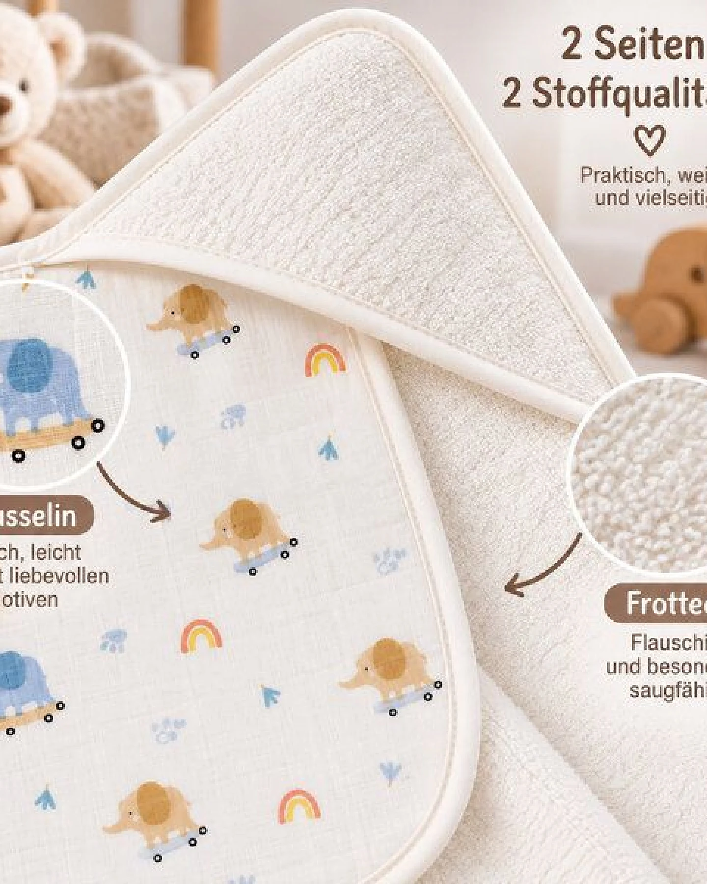 Bebekevi Baby Kapuzenbadetuch 75 × 75 cm aus Musselin & Frottee – Ansicht 4