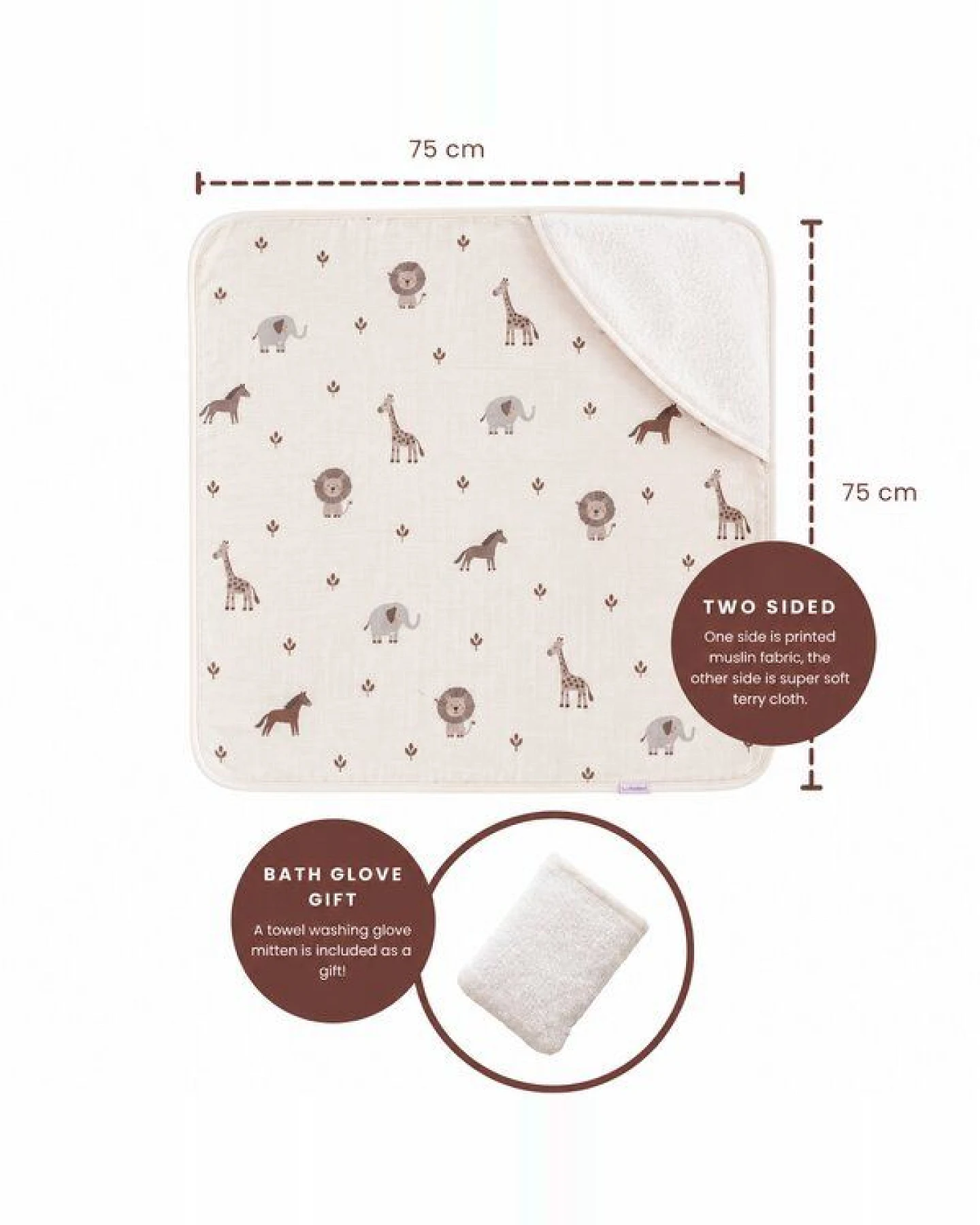 Bebekevi Baby Kapuzenbadetuch 75 × 75 cm aus Musselin & Frottee – Ansicht 3