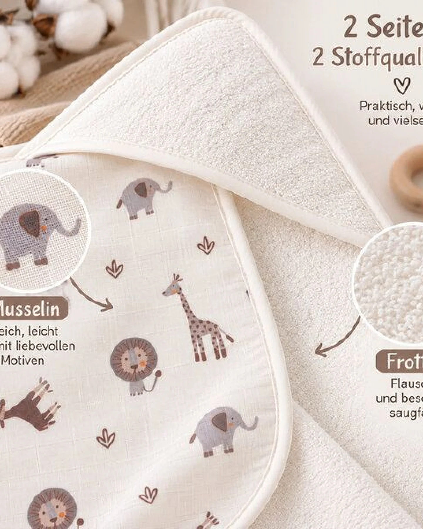 Bebekevi Baby Kapuzenbadetuch 75 × 75 cm aus Musselin & Frottee – Ansicht 4