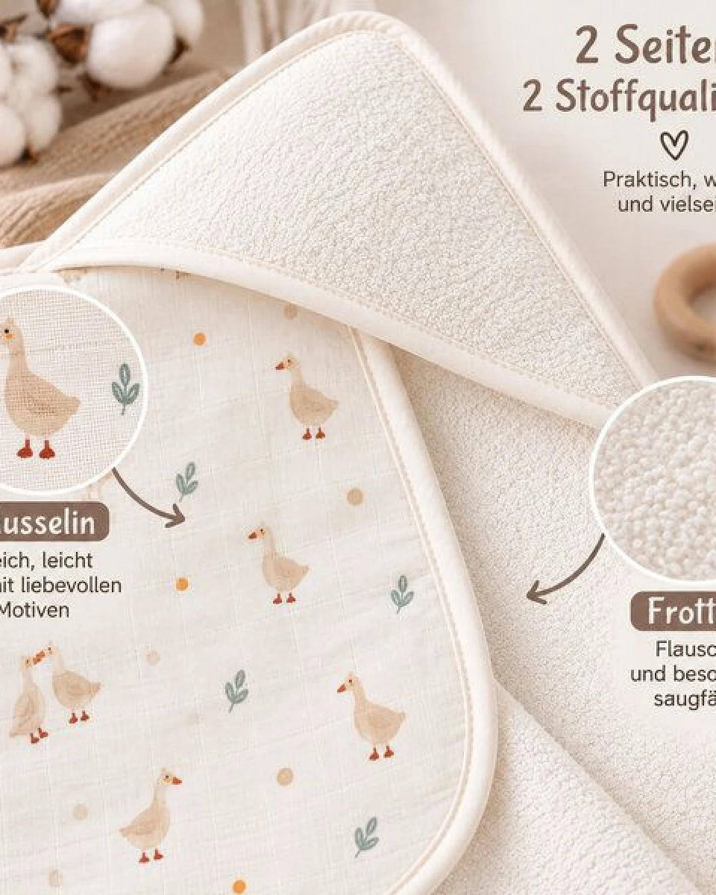 Bebekevi Baby Kapuzenbadetuch 75 × 75 cm aus Musselin & Frottee – Ansicht 4