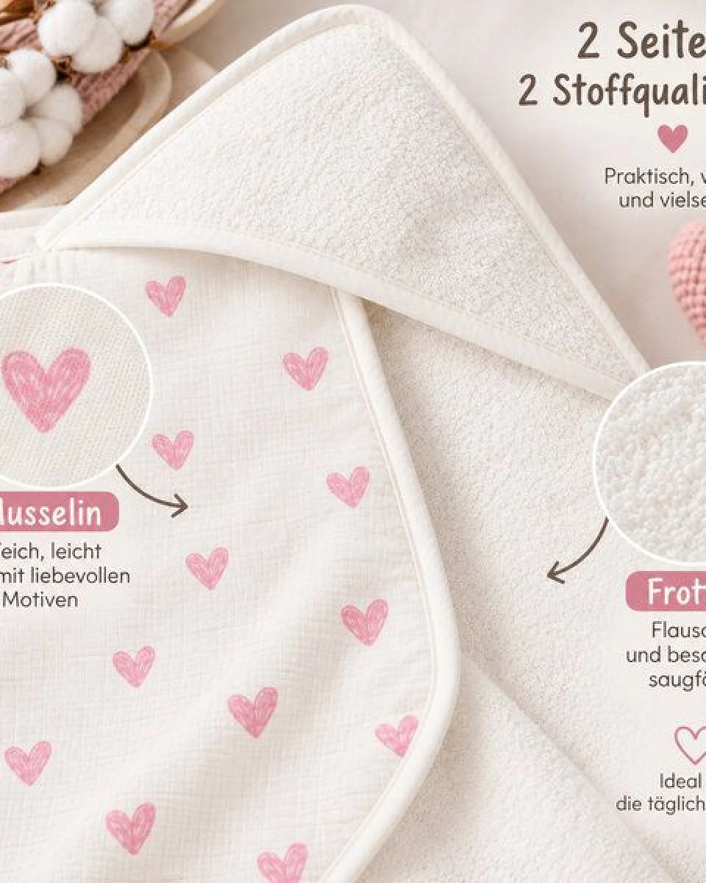 Bebekevi Baby Kapuzenbadetuch 75 × 75 cm aus Musselin & Frottee – Ansicht 4