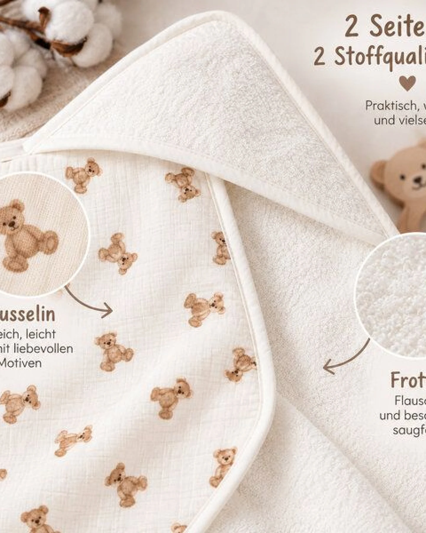 Bebekevi Baby Kapuzenbadetuch 75 × 75 cm aus Musselin & Frottee – Ansicht 4