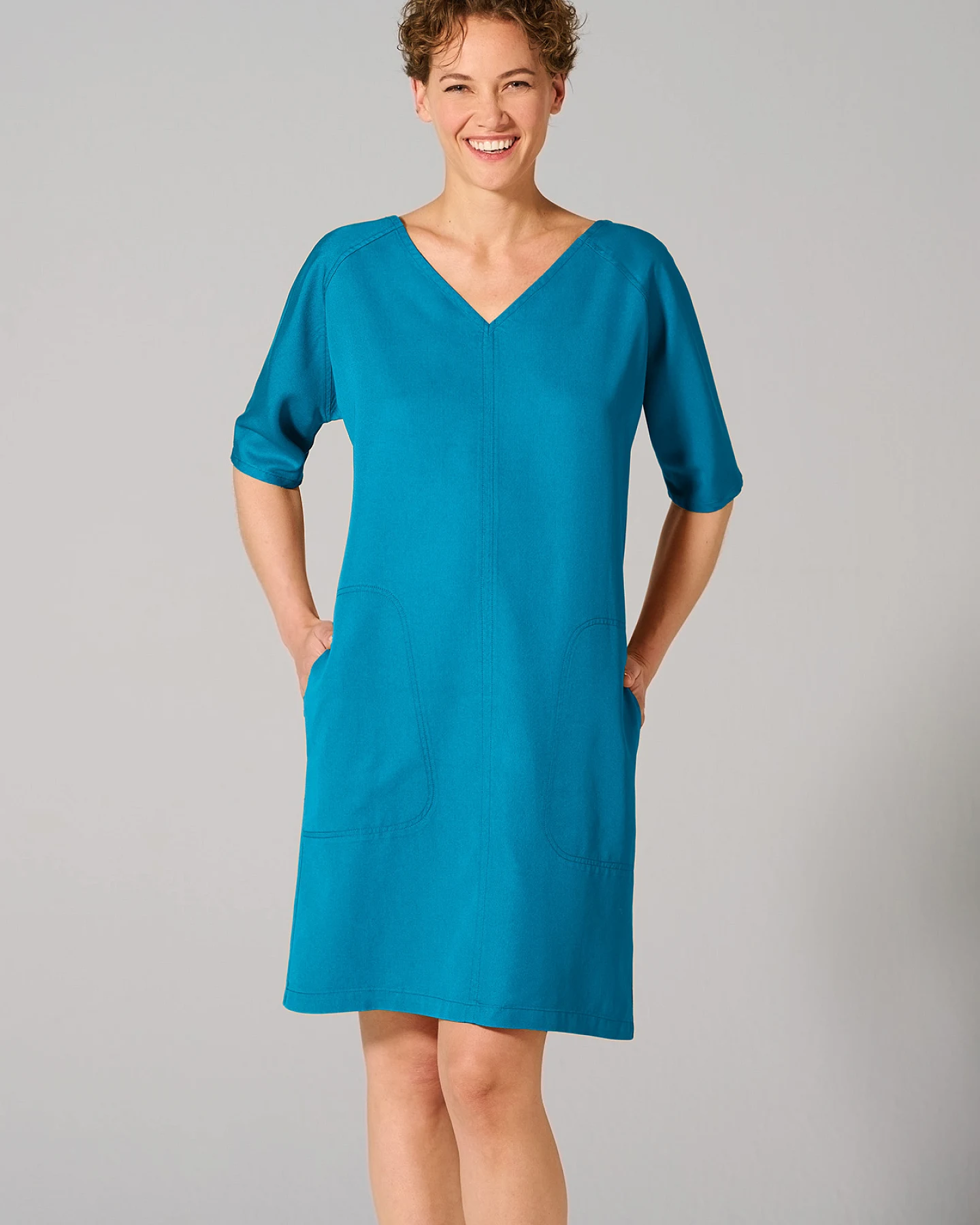 Hempage Damen vegan Kleid Mit V-Ausschnitt Azurblau – Ansicht 2