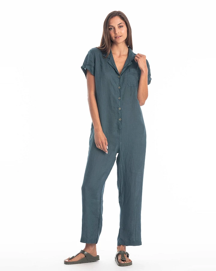 RAVENS VIEW IBIZA Damen vegan Jumpsuit Portofino Leinen Ozeanblau