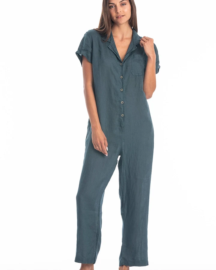 RAVENS VIEW IBIZA Damen vegan Jumpsuit Portofino Leinen Ozeanblau