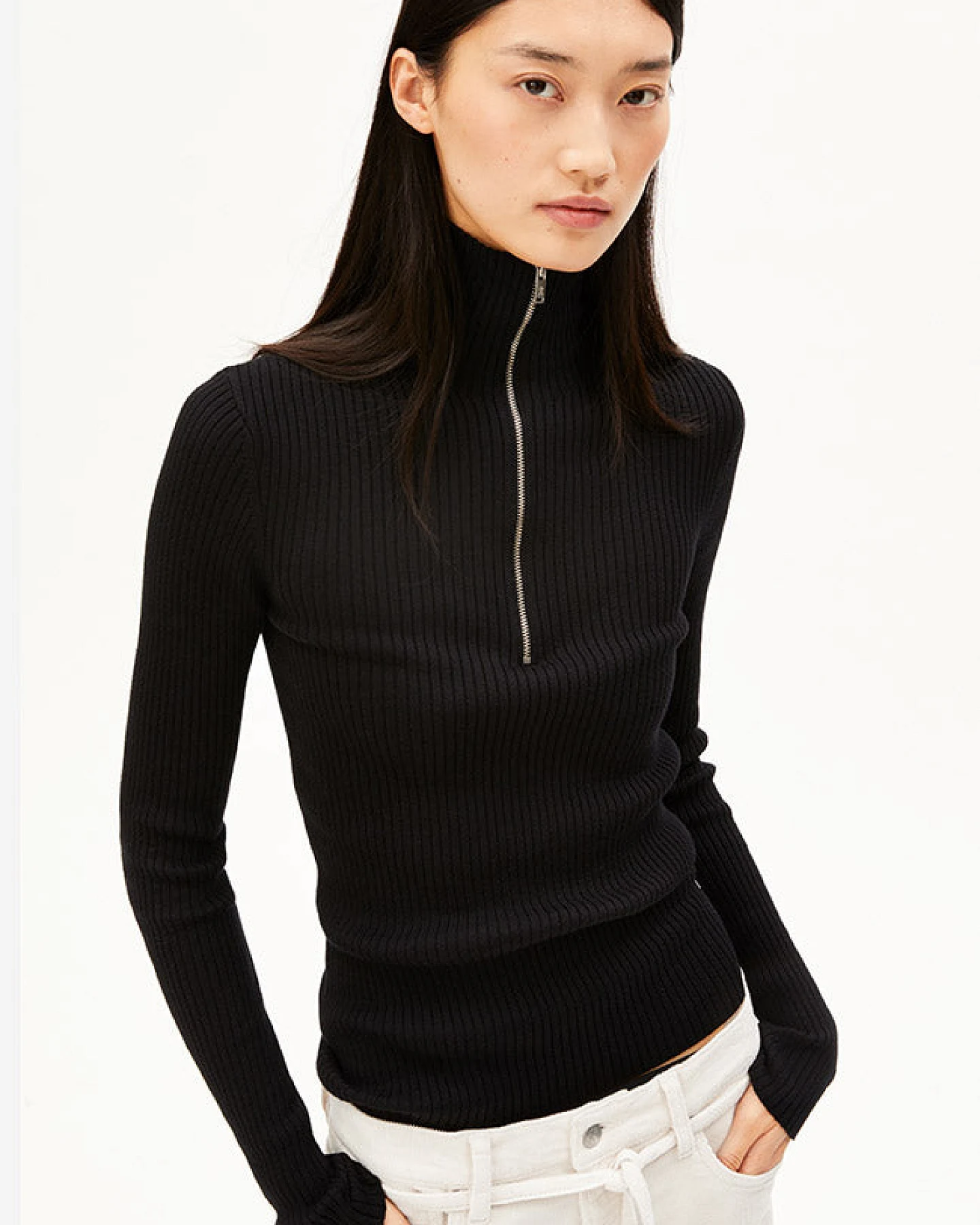 ARMEDANGELS Damen vegan Top Von Troyer Rollkragenpullover Schwarz – Ansicht 2