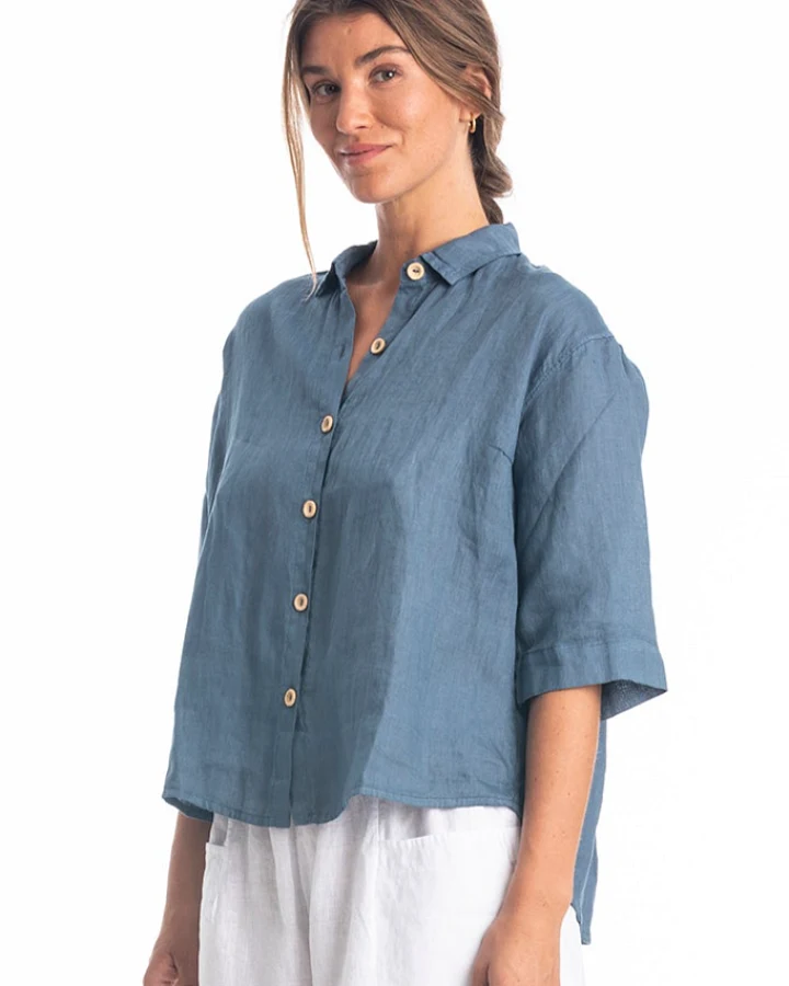 RAVENS VIEW IBIZA Damen vegan Bluse Sommer Jeans Blau