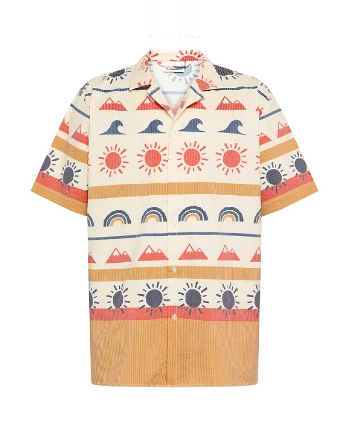 KnowledgeCotton Apparel - Box Fit Short Sleeved AOP Seersucker Shirt - Hemd Gr L beige