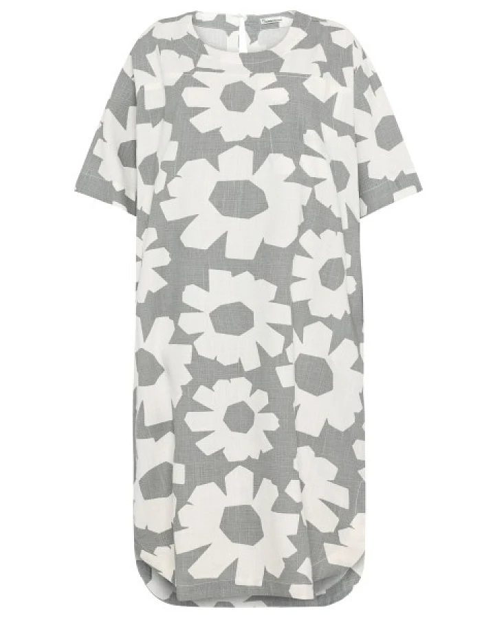 KnowledgeCotton Apparel - Women's Linen-Mix Printed T-Shirt Dress - Kleid Gr S grau/weiß