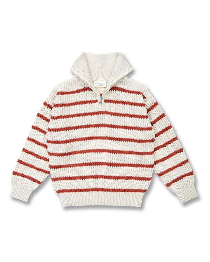 Sense Organics Kinder Strickpullover in Cremeweiß-Terrakottarot Melange geringelt, Modell LOORCA