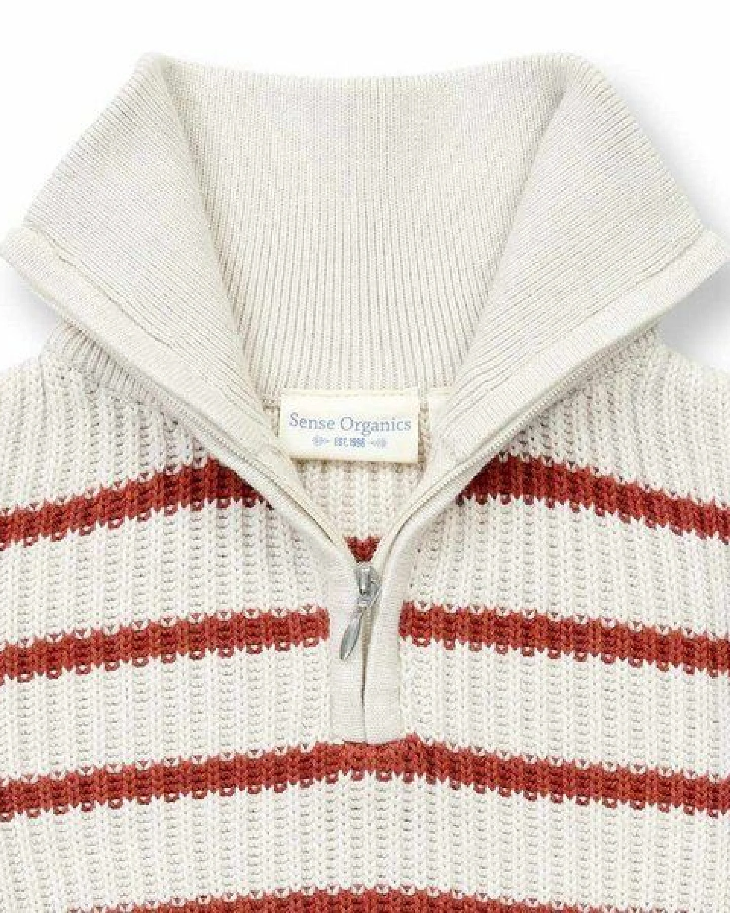 Sense Organics Kinder Strickpullover in Cremeweiß-Terrakottarot Melange geringelt, Modell LOORCA – Ansicht 3