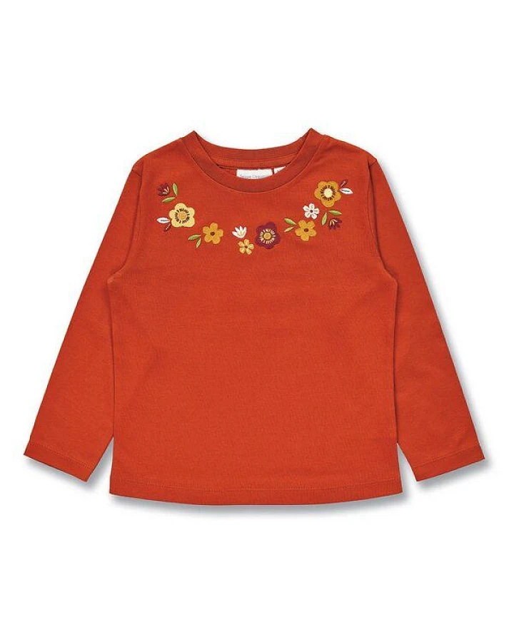 Sense Organics Mädchen Langarmshirt mit Blumen auf Terrakottarot, Modell YOOBI