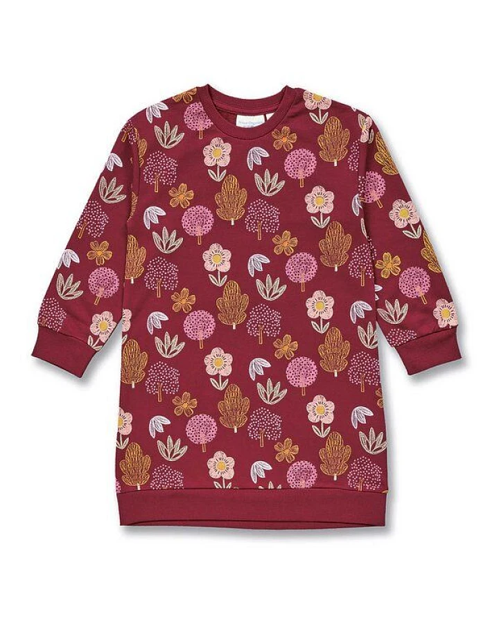 Sense Organics Mädchenkleid mit Blumendruck auf Weinrot, Modell JOLA