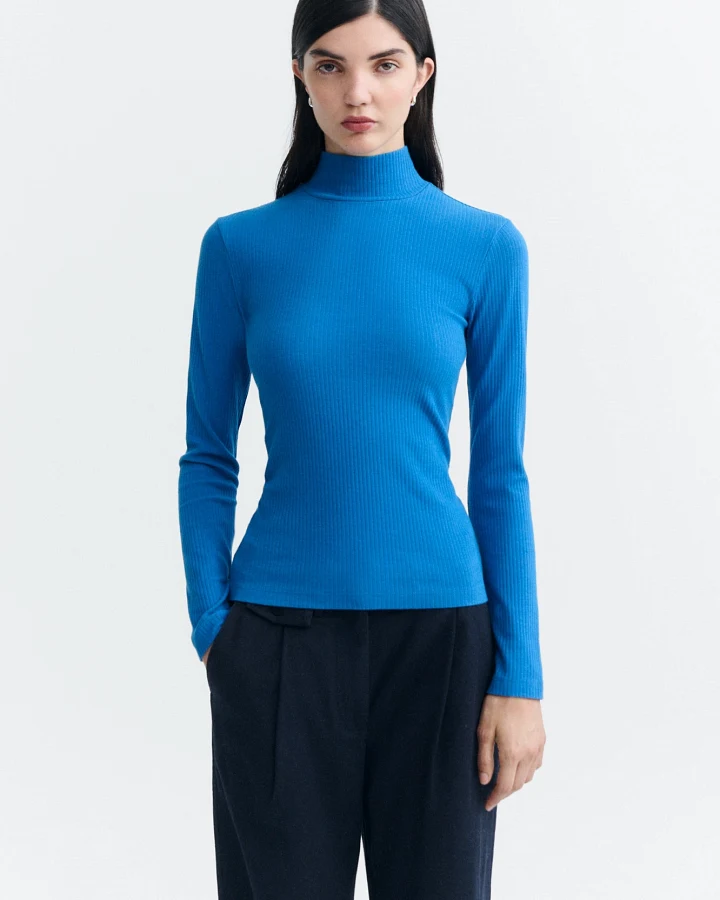 Thinking MU Damen vegan Top Aine Gerippter Rollkragenpullover Blau