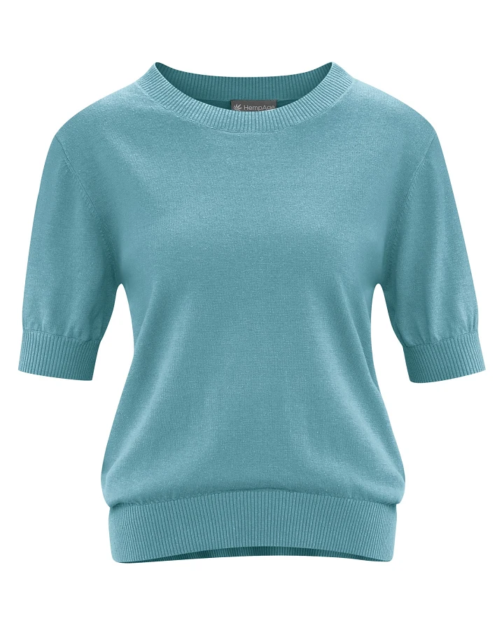 Hempage Damen vegan Kurzarm Strickpullover Wave In Blau
