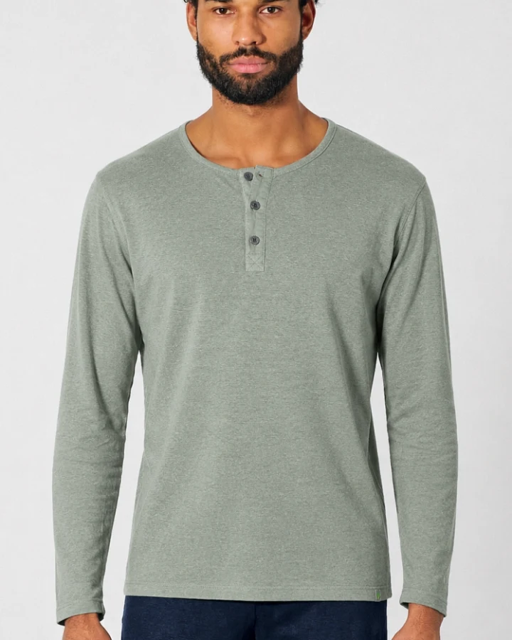 Hempage Herren vegan Langarmshirt Brushed Henley Thymiangrün