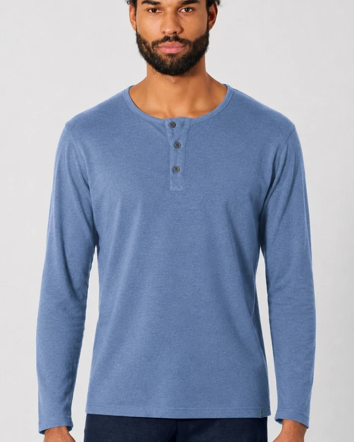 Hempage Herren vegan Langarmshirt Brushed Henley Blueberry